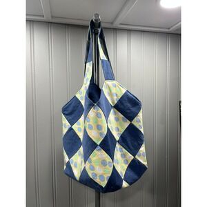 Bohemian Patchwork Denim Tote Bag with Polka Dot Accents - Large Shoulder Bag‎